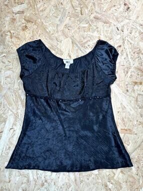 California Grown CG Black Crinkle Satin Blouse Top Womens Size Large Sequin Trim